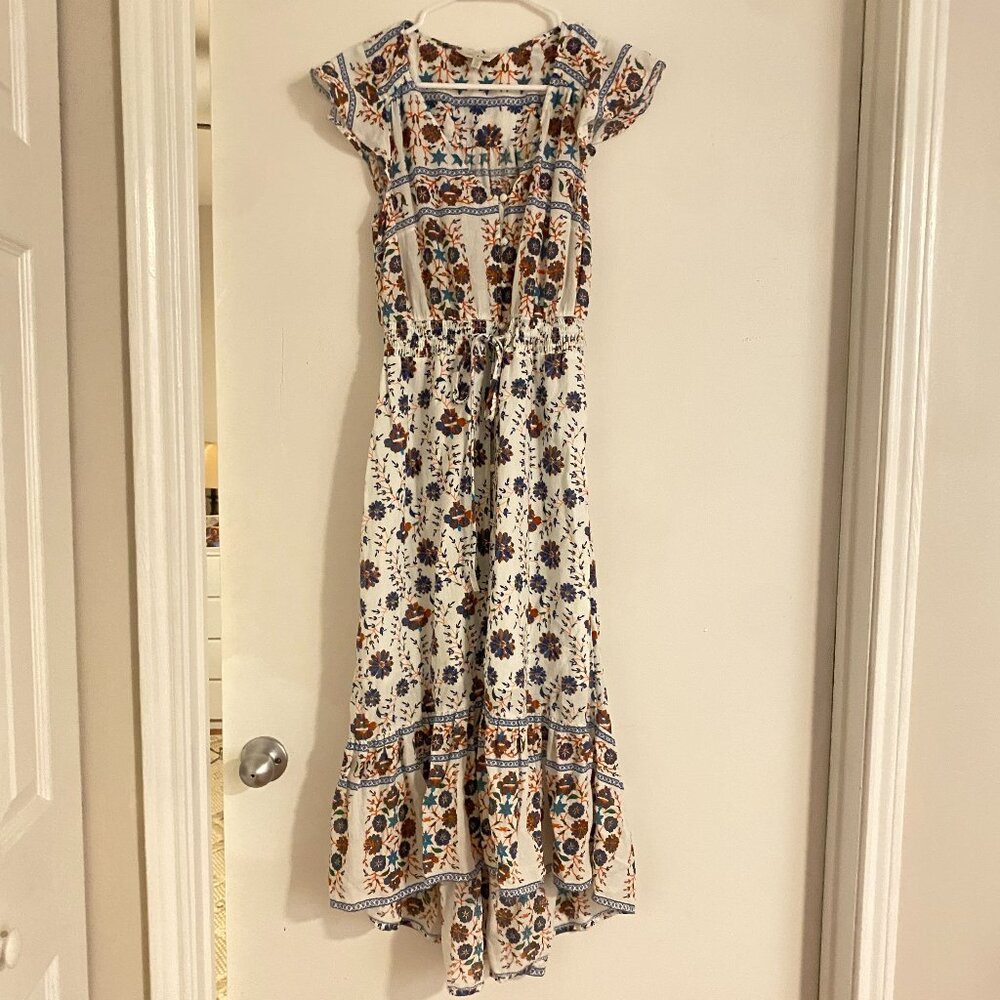 Lucky Brand Felice Cotton Printed Flounce Dress – Size S, Cinchable Waist